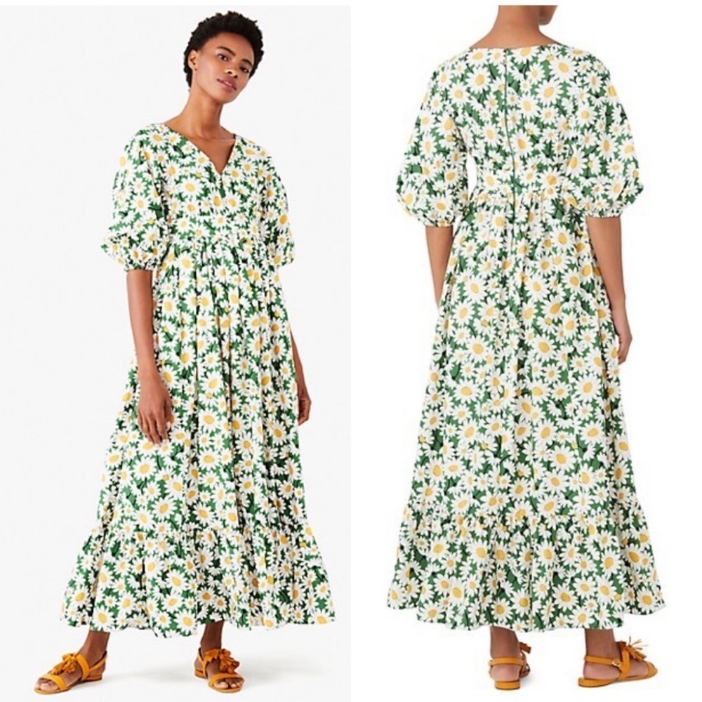 Kate Spade Daisy Bodega Midi Dress Cotton Green Floral Puff Sleeve New with Tags